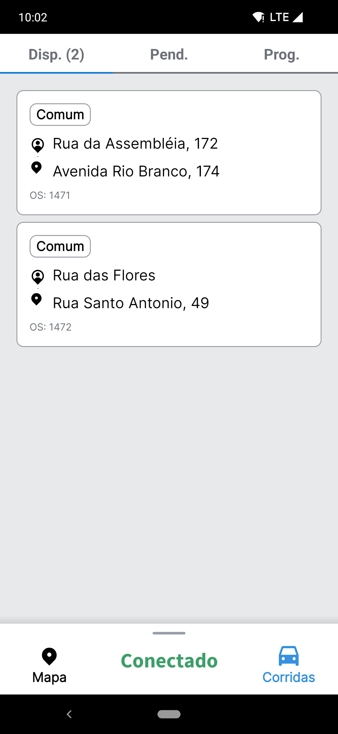 Lista de corridas disponíveis para motorista