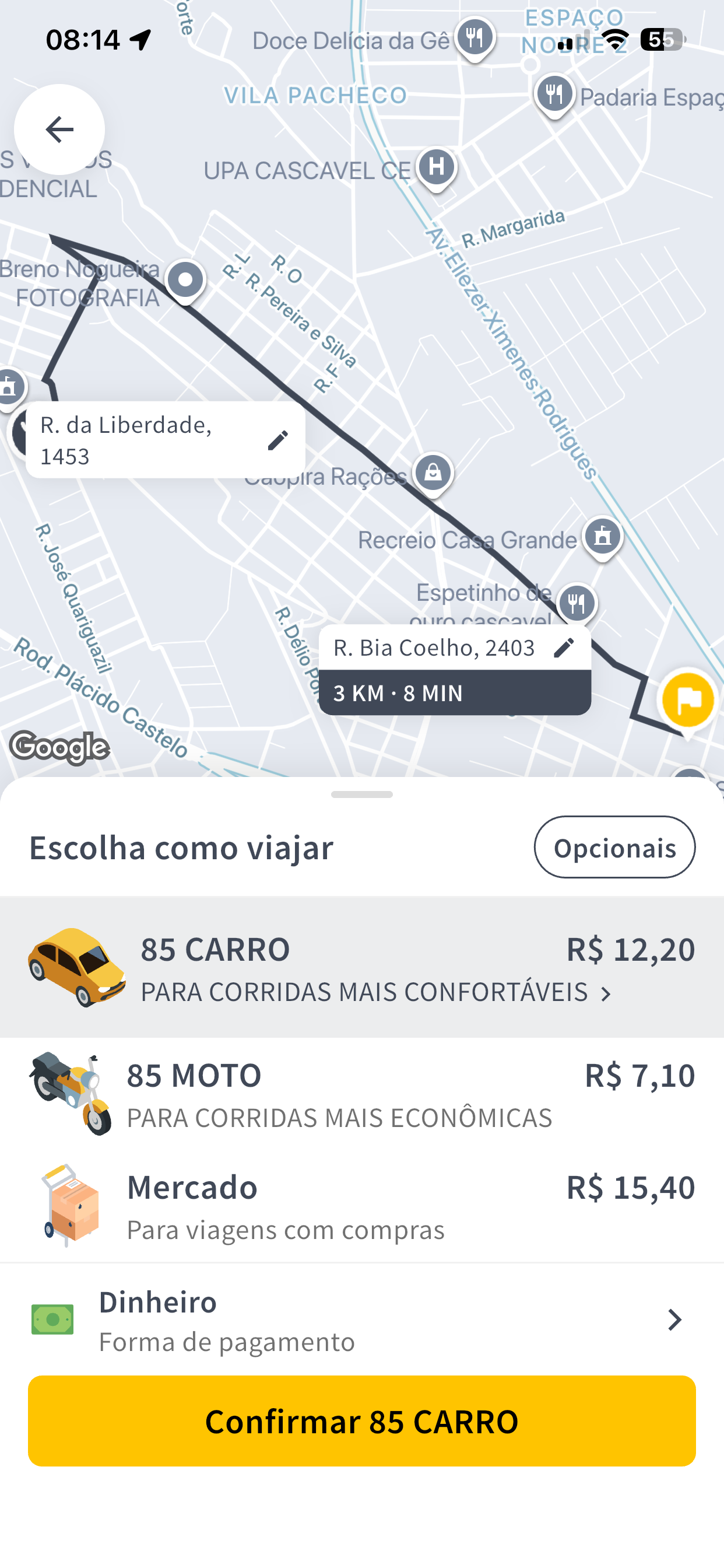 Categorias de viagem no aplicativo 85 Drive