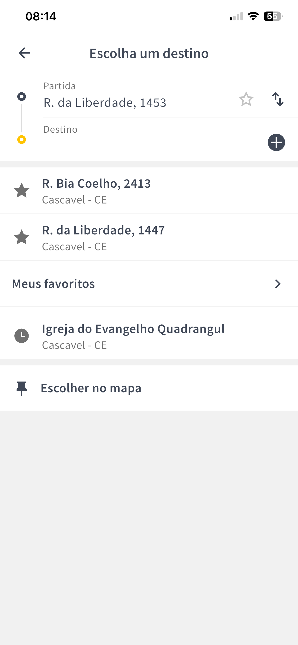 Busca de destino no aplicativo 85 Drive